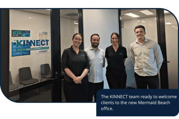 Team welcoming clients to KINNECTs new Mermaid Beach office.